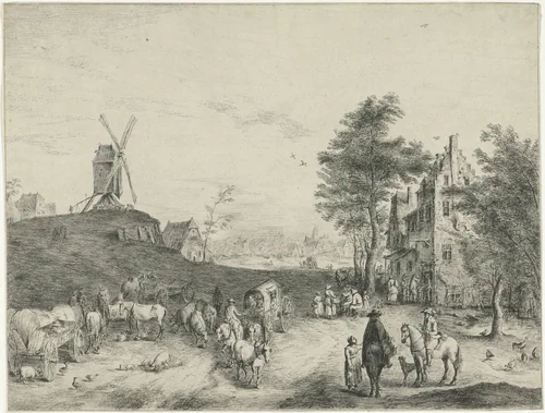 Dorpsgezicht met herberg en windmolen by S. Le Masurier, print, 1720-1820