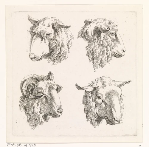 Vier schaapskoppen by Barend Hendrik Thier, print, 1755-1811