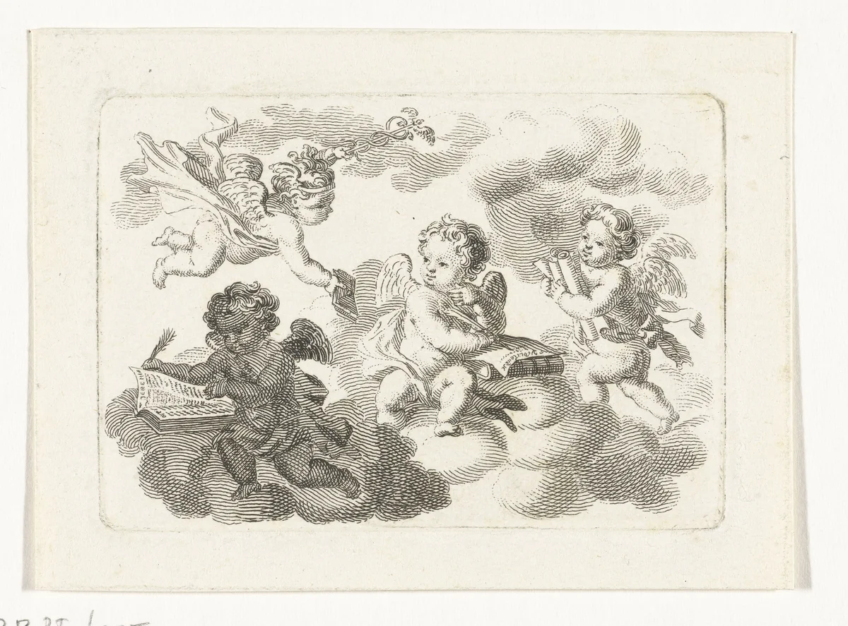 Allegorie op kunsten en wetenschappen met vier putti by Abraham Delfos, print, 1741-1820