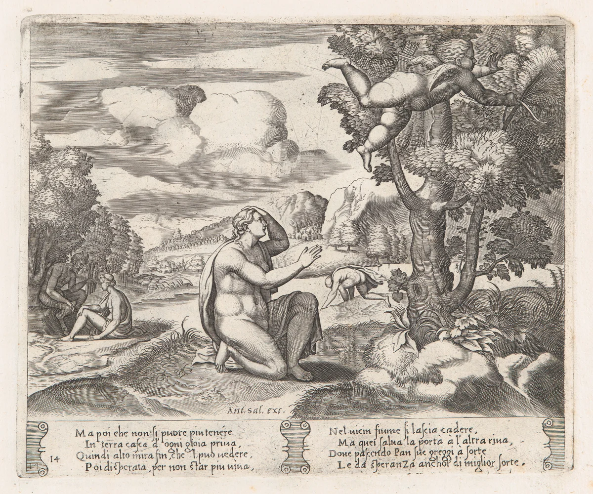 Plate 14: Psyche kneeling in the foreground as Cupid flees from her, from "The Story of Cupid and Psyche as told by Apuleius" by Master of the Die, print, 1530-1560