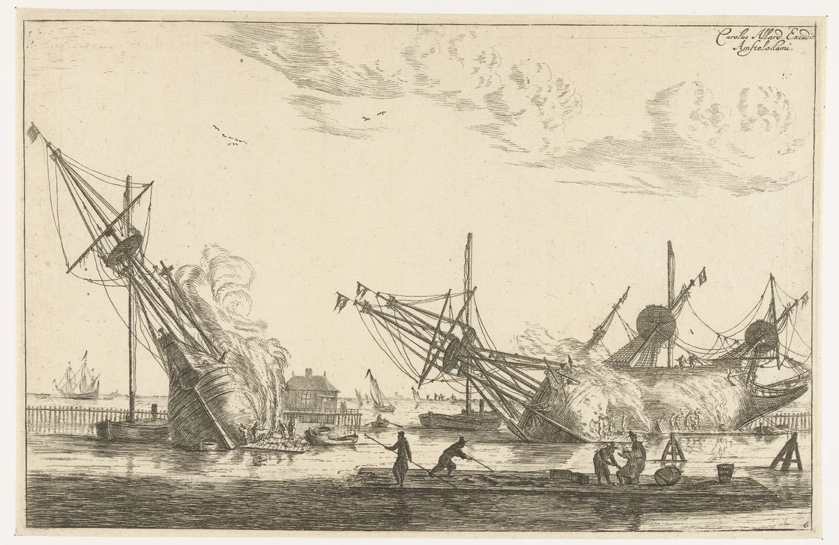 Waterdichtmaken van de rompen van drie fluitschepen by Reinier Nooms, print, 1650-1705