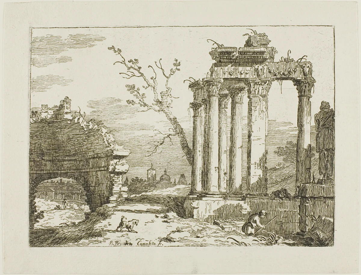 Landscape with Ruins by Bernardo Bellotto, print, 1735-1745