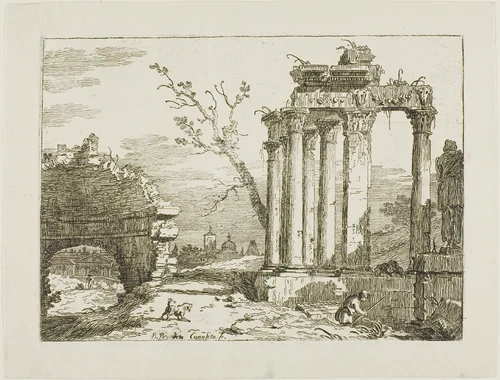 Landscape with Ruins by Bernardo Bellotto, print, 1735-1745