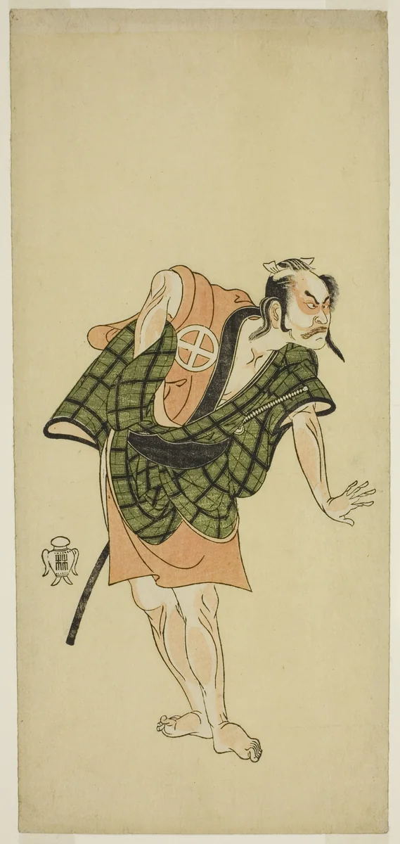 The Actor Otani Hiroji III as Onio Shinzaemon (?) in the Play Bunshin Sugatami Soga (?), Performed at the Morita Theater (?) in the Second Month, 1765 (?) by Katsukawa Shunsho (勝川 春章), print, 1760-1770