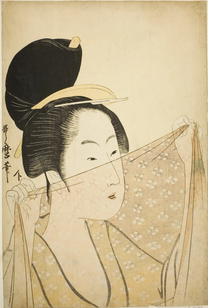Woman Holding up a Piece of Fabric (Nuno o kazasu onna) by Kitagawa Utamaro (喜多川歌麿), print, 1790-1801