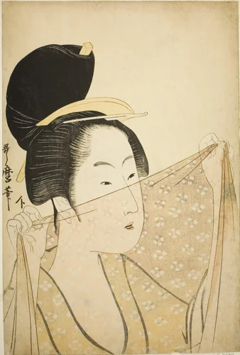 Woman Holding up a Piece of Fabric (Nuno o kazasu onna) by Kitagawa Utamaro (喜多川歌麿), print, 1790-1801