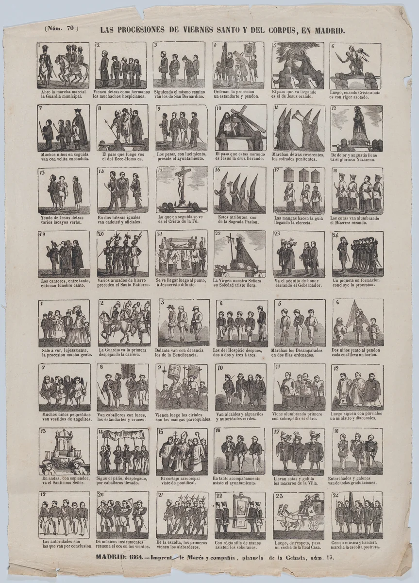 Broadside with 48 scenes showing the holy Friday procession in Madrid by José María Marés, print, 1864