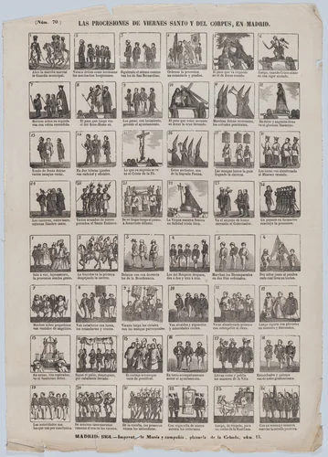Broadside with 48 scenes showing the holy Friday procession in Madrid by José María Marés, print, 1864