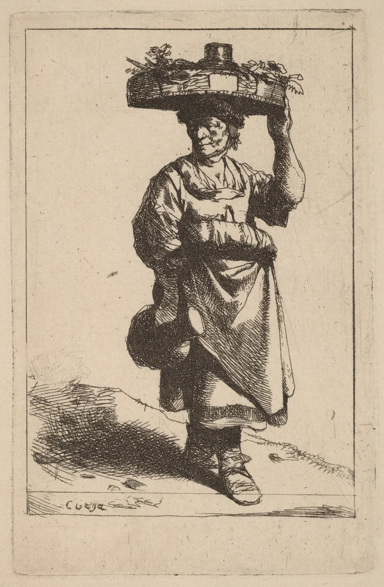 Woman Carrying a Basket by Cornelis Bega, print, 1631-1664