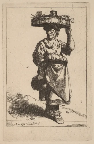 Woman Carrying a Basket by Cornelis Bega, print, 1631-1664
