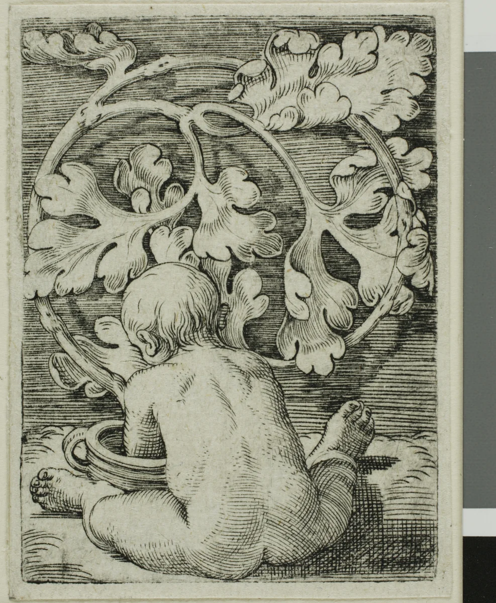 Naked Child, Seen From Back Seated in Front of a Vessel by Barthel Beham, print, 1522-1540