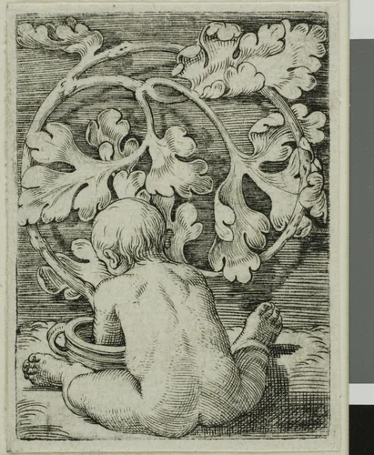 Naked Child, Seen From Back Seated in Front of a Vessel by Barthel Beham, print, 1522-1540