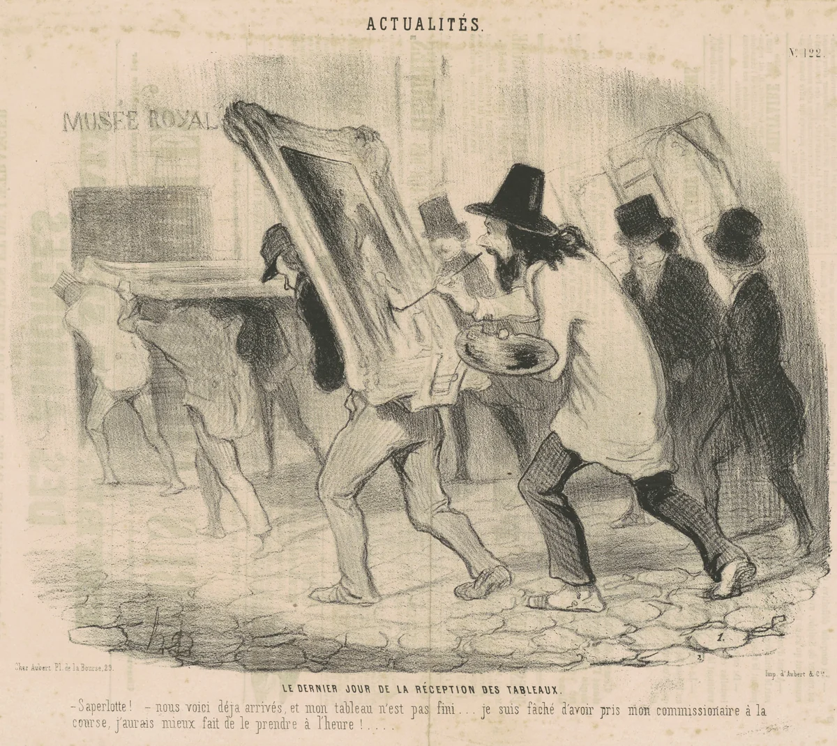 Le dernier jour de la réception des tableaux. Saperlotte . . . Nous voici déjà arrivés et mon tableau n'est pas fini! by Honoré Daumier, print, 1846