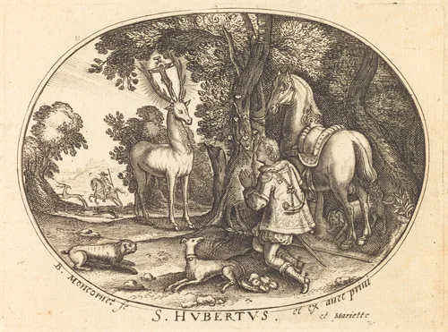 The Vision of Saint Hubert by Balthasar Moncornet, print, 1600-1668