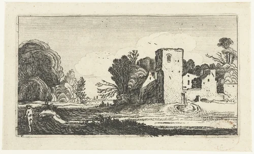 Landschap met vierkante toren bij huizen by anonymous, print, 1610-1650