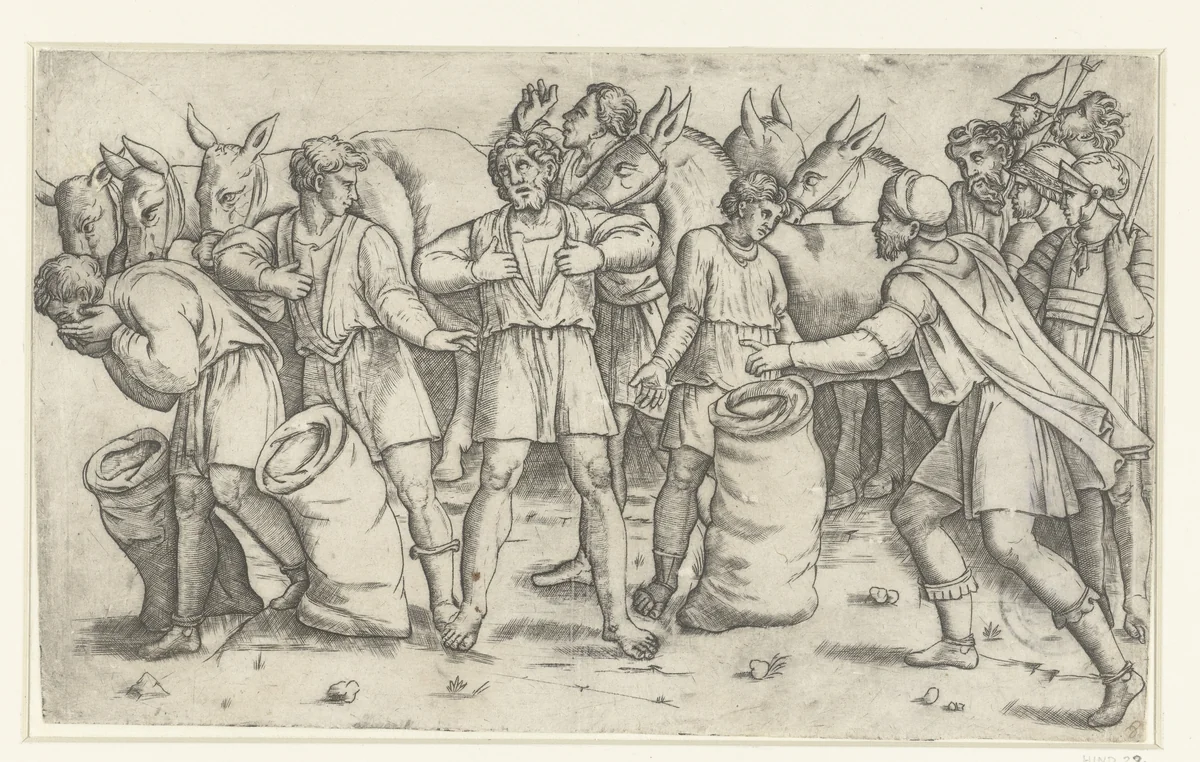 Beker van Jozef wordt in de zak van Benjamin gevonden by Giovanni Antonio da Brescia, print, 1518-1522