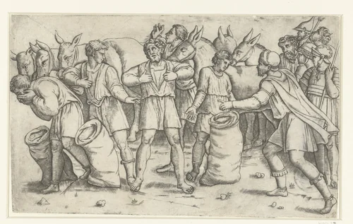 Beker van Jozef wordt in de zak van Benjamin gevonden by Giovanni Antonio da Brescia, print, 1518-1522