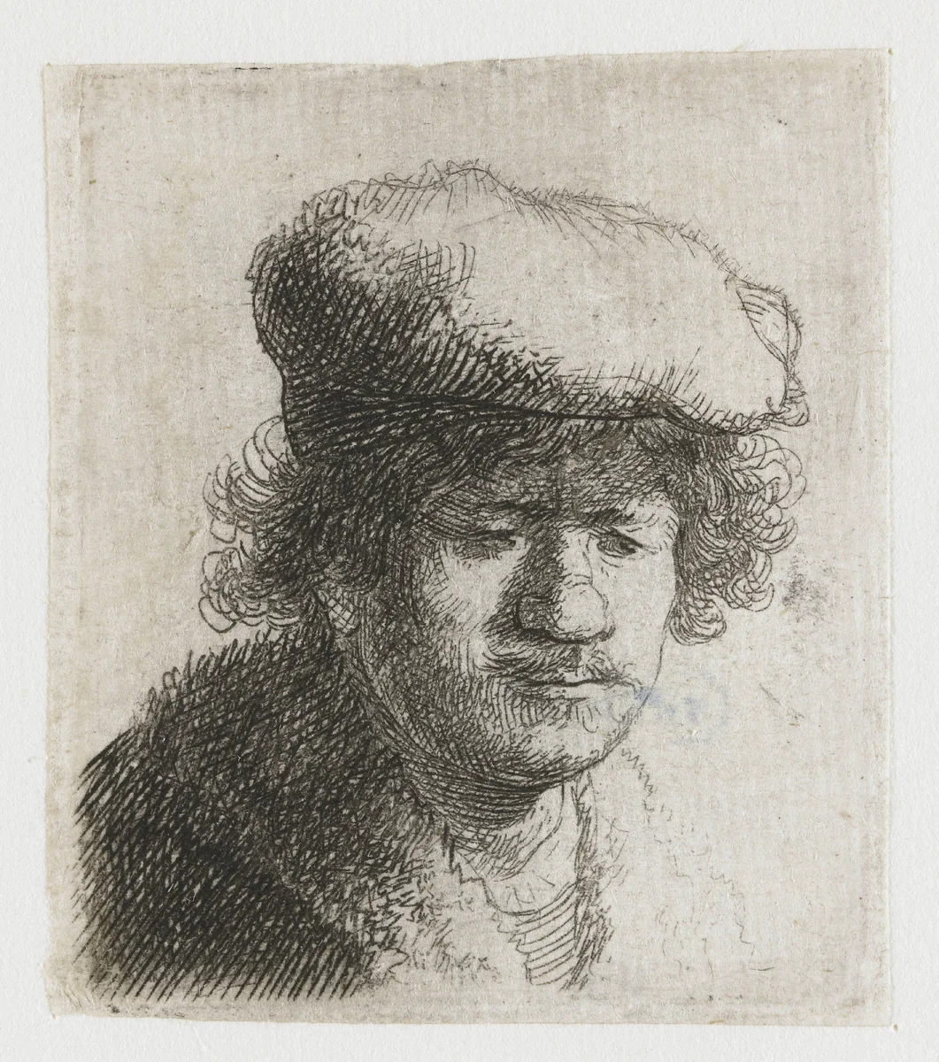 Self-portrait with cap pulled forward by Rembrandt van Rijn, print, 1630