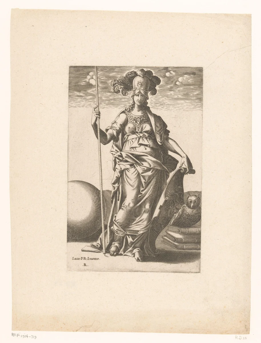 Minerva (Pallas Athena) in wapenrusting by Unknown, print, 1535-1598