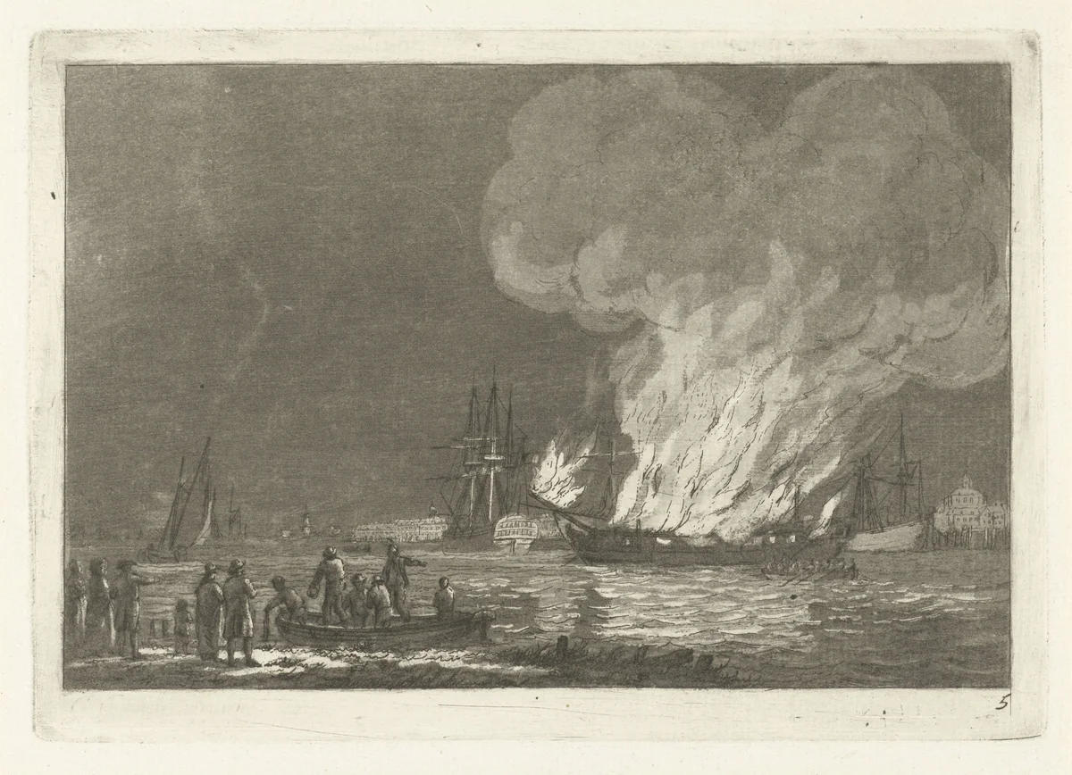 Brandend schip voor Rotterdam by Gerrit Groenewegen, print, 1791