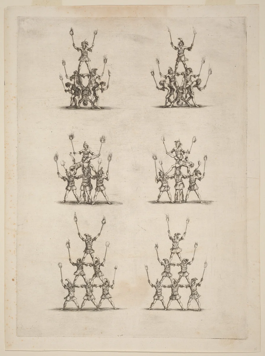 Thirty-Six Jugglers Standing in Pyramids by Stefano della Bella, print, 1652