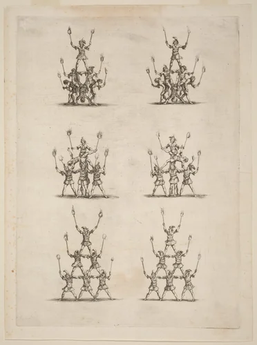 Thirty-Six Jugglers Standing in Pyramids by Stefano della Bella, print, 1652