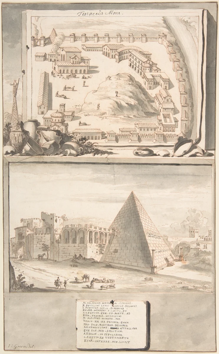 View of the Mons Testaceus (above) and the Pyramid of Cestius (below) by Jan Goeree, drawing, 1690-1704