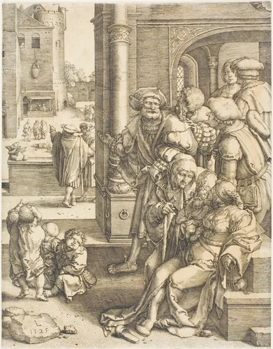 The Poet Virgil Suspended in a Basket by Lucas van Leyden, print, 1525