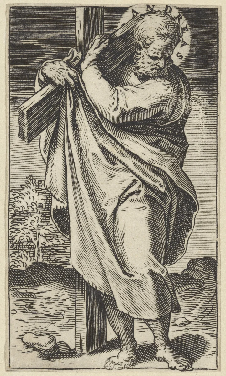 Apostel Andreas met een kruis by Agostino Carracci, print, 1583