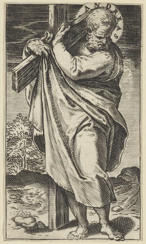 Apostel Andreas met een kruis by Agostino Carracci, print, 1583