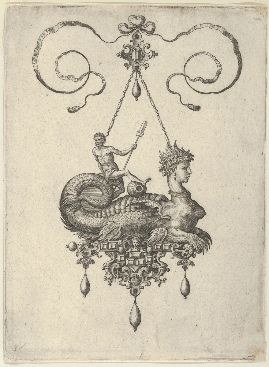 Pendant Design with a Sphinx with the Body of a Fish Carrying a Man with an Oar by Adriaen Collaert, print, 1582