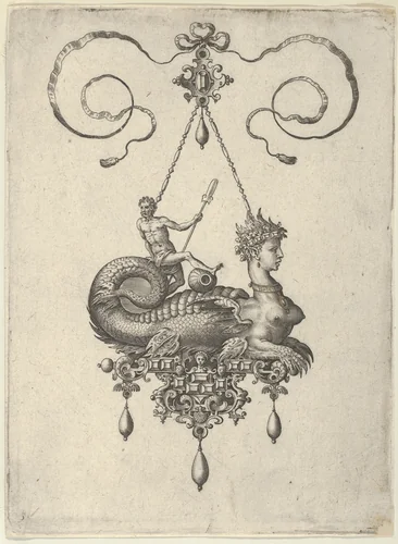 Pendant Design with a Sphinx with the Body of a Fish Carrying a Man with an Oar by Adriaen Collaert, print, 1582
