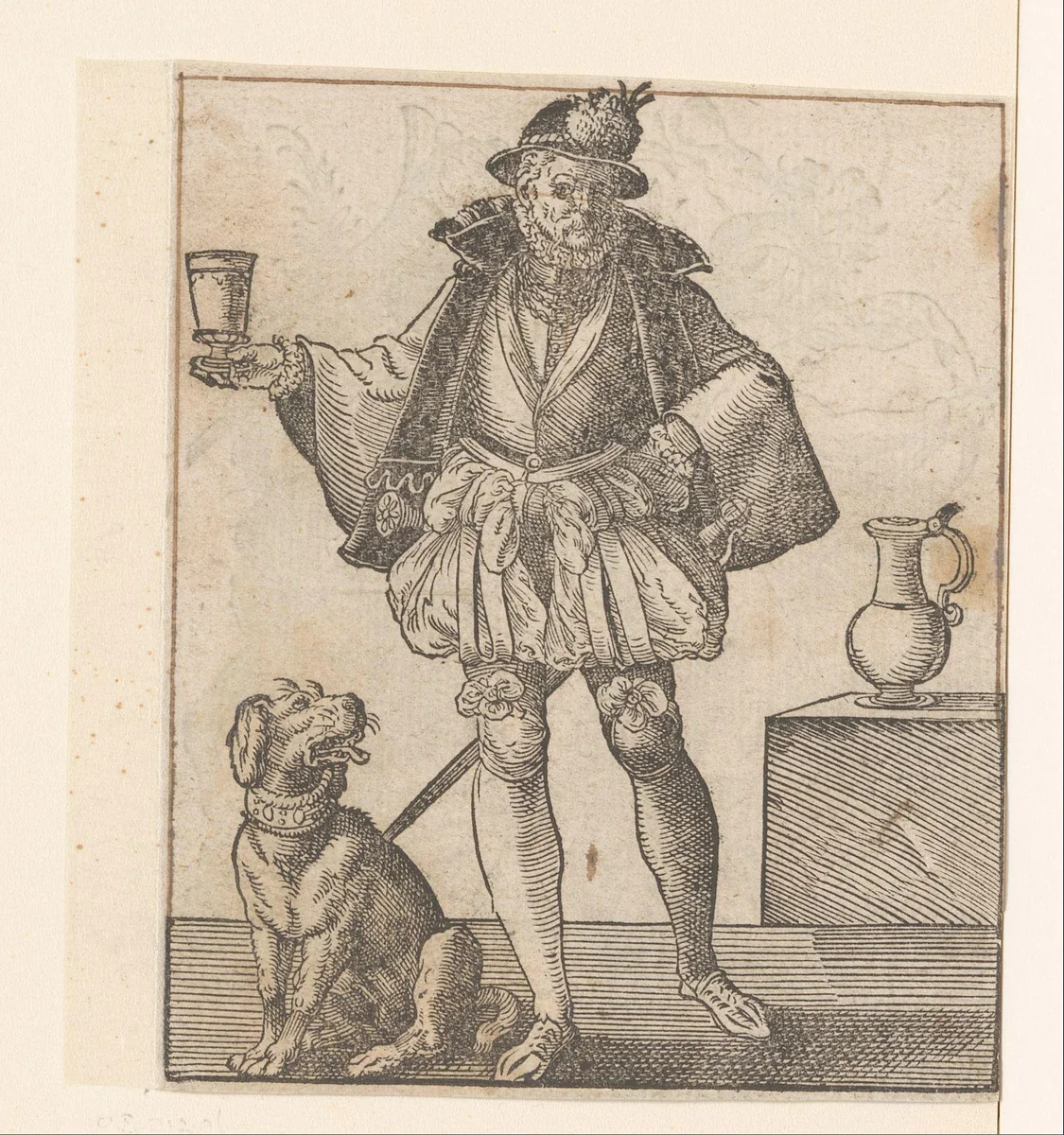 Man met een glas en een zittende hond by anonymous, print, 1580