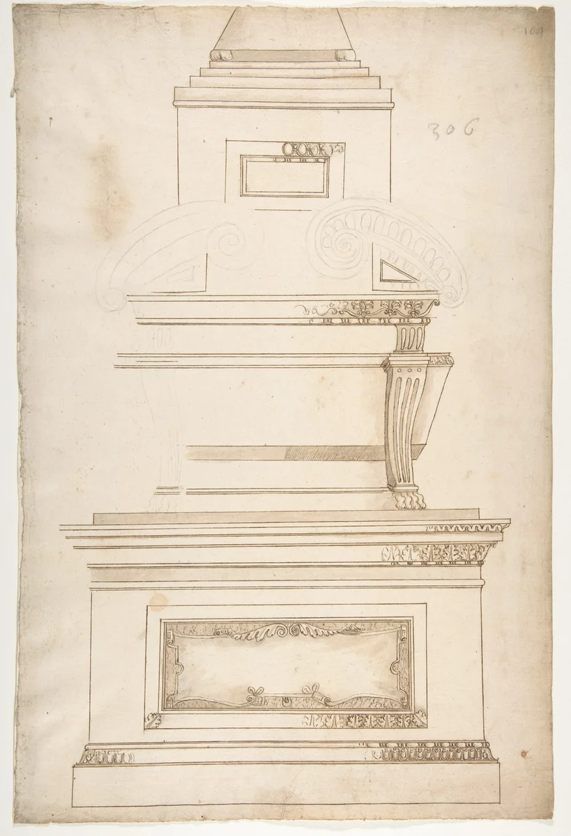 Design for a Sarcophagus on a Pedestal by anonymous, drawing, 1500-1599