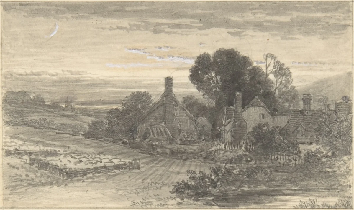 Landscape with Cottages and a Sheepcot by anonymous, drawing, 1800-1900