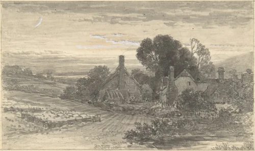 Landscape with Cottages and a Sheepcot by anonymous, drawing, 1800-1900