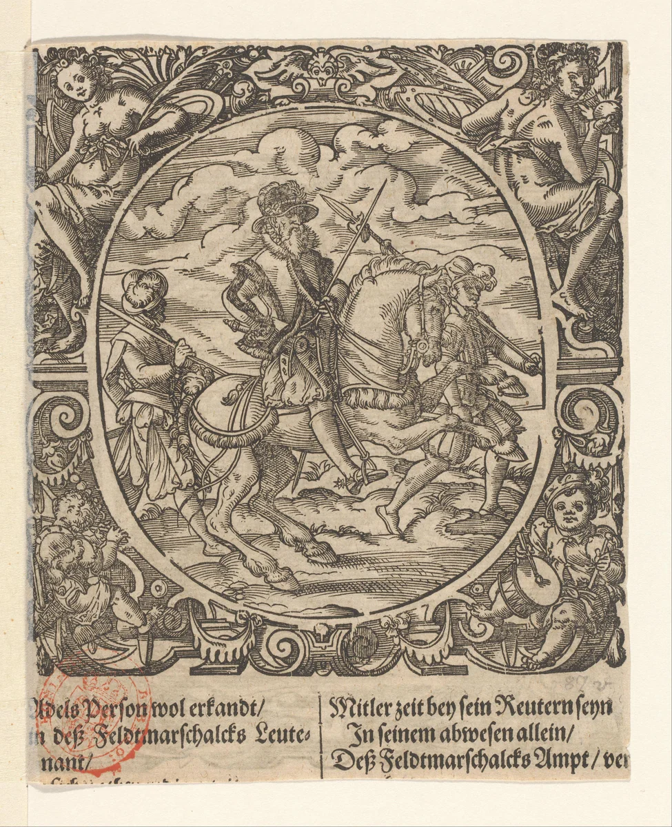 Officier te paard met twee soldaten by Jost Amman, print, 1573