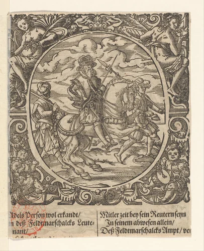 Officier te paard met twee soldaten by Jost Amman, print, 1573