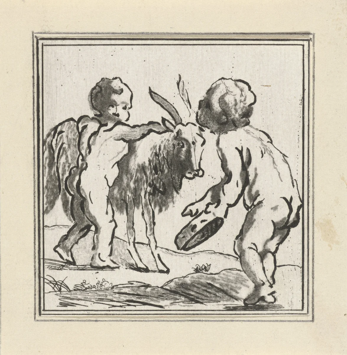 Twee putti met een bok en tamboerijn by Jacob Hoolaart, print, 1728-1789