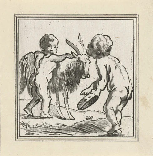 Twee putti met een bok en tamboerijn by Jacob Hoolaart, print, 1728-1789