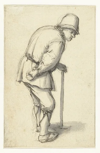 Gebogen mansfiguur met een stok in de hand by Adriaen van Ostade, drawing, 1620-1685