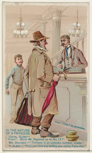 In the Nature of a Privilege, from the Snapshots from "Puck" series (N128) issued by Duke Sons & Co. to promote Honest Long Cut Tobacco by W. Duke, Sons & Co., print, 1888