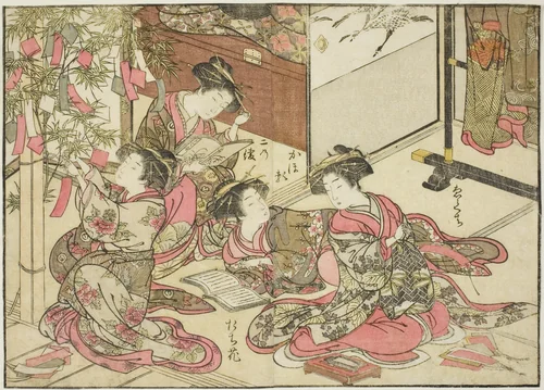 Courtesans of Shin Kanaya, from the book "Mirror of Beautiful Women of the Pleasure Quarters (Seiro bijin awase sugata kagami)," vol. 2 by Katsukawa Shunsho (勝川 春章), print, 1776
