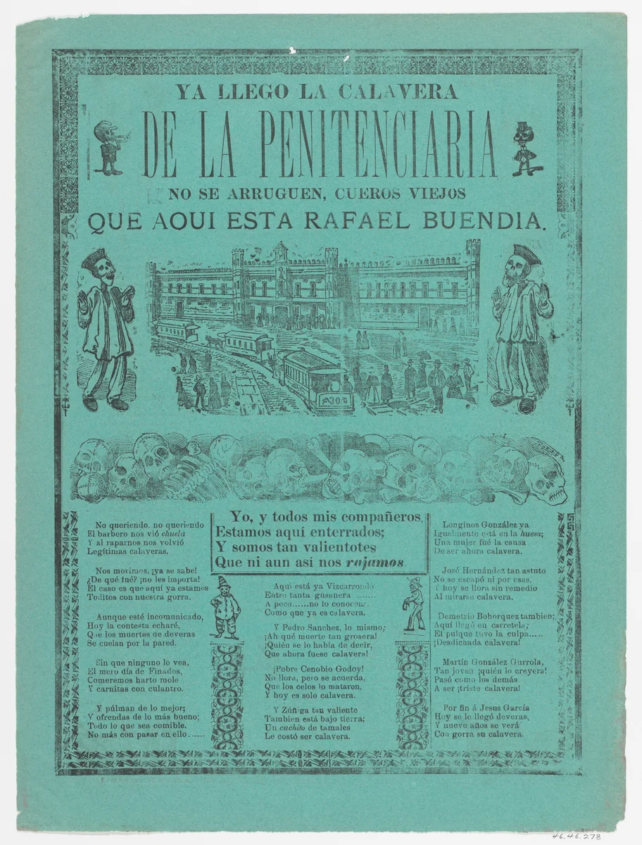 The arrival of the skeletons of the penitentiary (Posada); two skeleton angels in lower corners of verso (Manilla) by José Guadalupe Posada, print, 1902