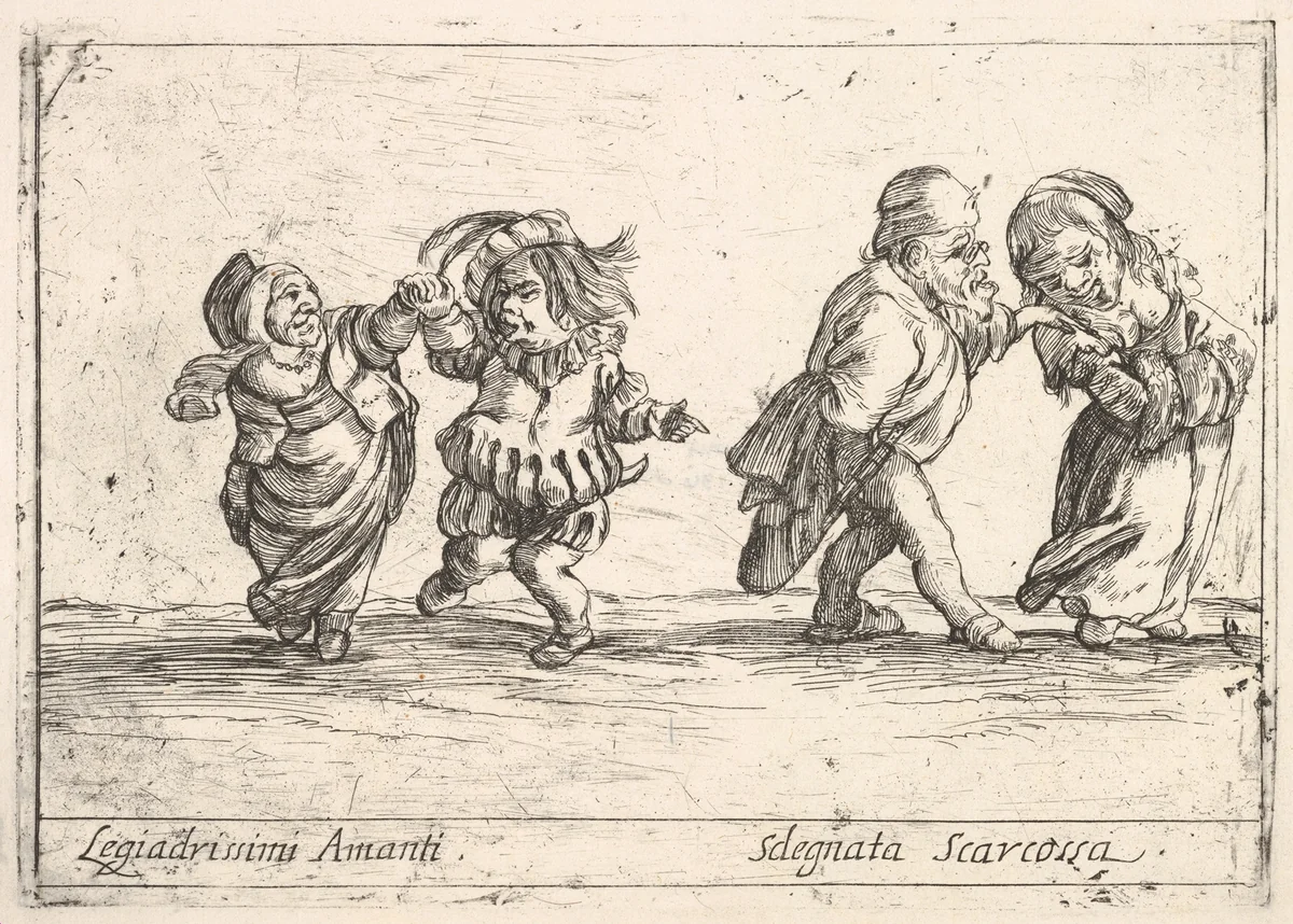 Callot figures; an old dwarf woman dancing with a young dwarf man to left, an old dwarf man touching the shoulder of a young, smiling dwarf woman, from "Six grotesques" (Six pièces de figures grotesques) by Agostino Mitelli, print, 1684