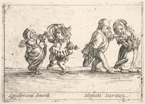 Callot figures; an old dwarf woman dancing with a young dwarf man to left, an old dwarf man touching the shoulder of a young, smiling dwarf woman, from "Six grotesques" (Six pièces de figures grotesques) by Agostino Mitelli, print, 1684