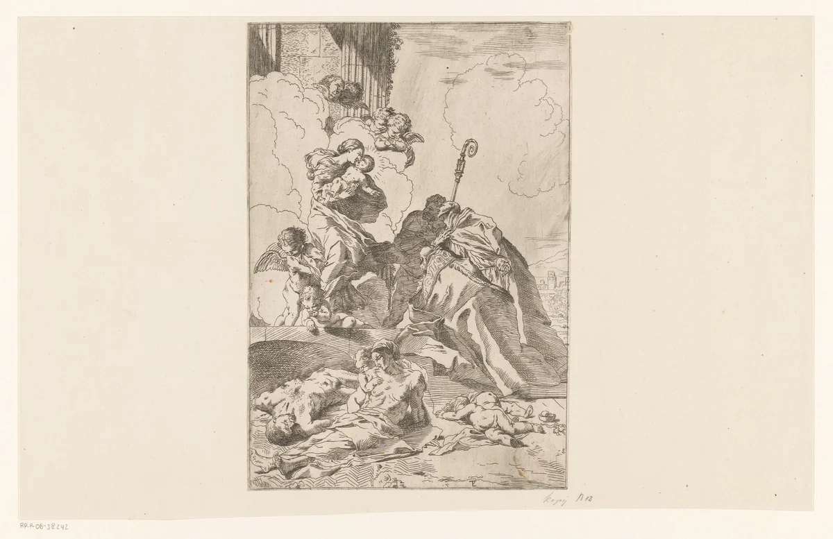 Drie heiligen als voorspraak voor slachtoffers van de pest by anonymous, print, 1630-1631