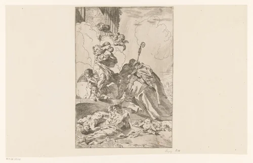 Drie heiligen als voorspraak voor slachtoffers van de pest by anonymous, print, 1630-1631