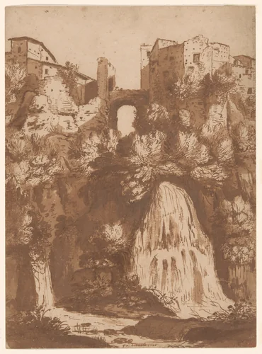 View of Tivoli with the Bridge Over the Anio Waterfall by Cornelis van Poelenburgh, drawing, 1620