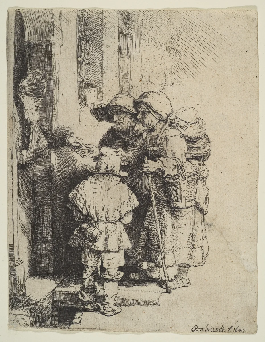 The Blind Hurdy-Gurdy Player and Family Receiving Alms by Rembrandt van Rijn, print, 1648